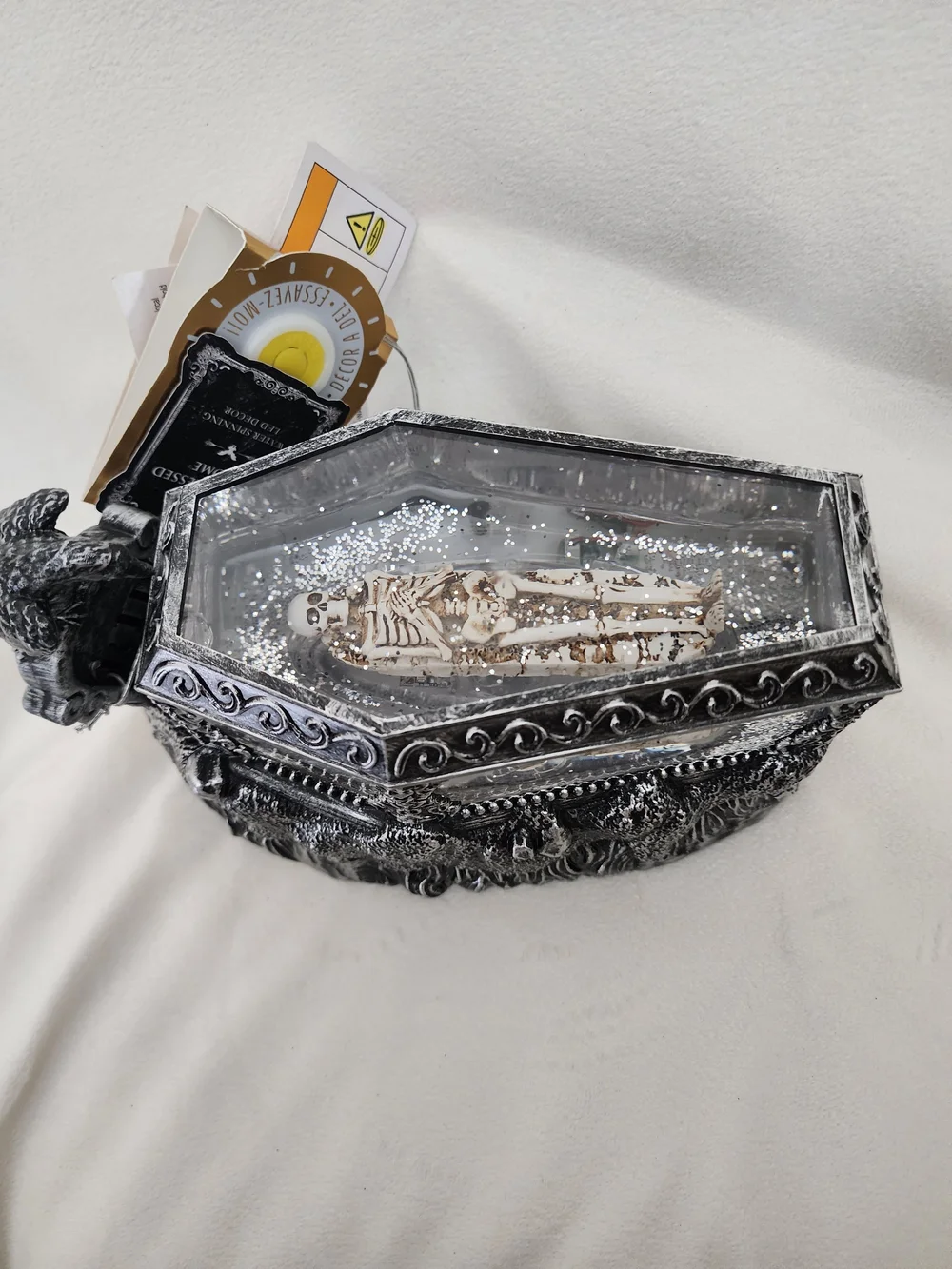 Silver Gothic Raven Glass Lightup Coffin Skeleton Décor